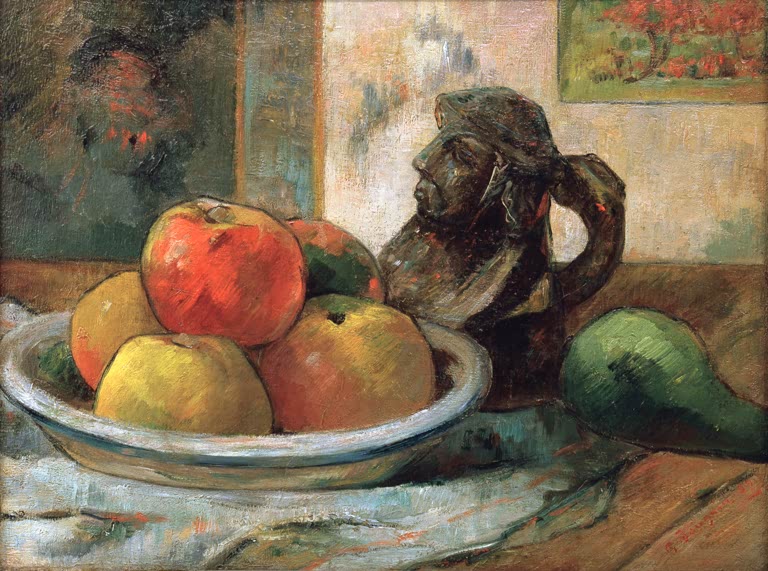 Nature morte avec pommes, une poire et une cruche en forme de tête