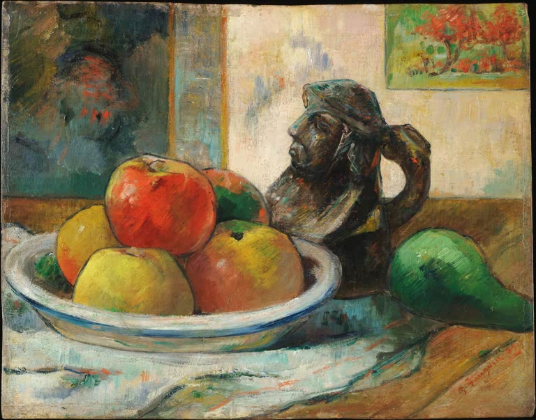 Nature morte avec pommes, poire et cruche portrait en céramique