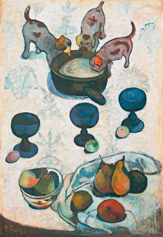 Nature morte avec trois petits chiens