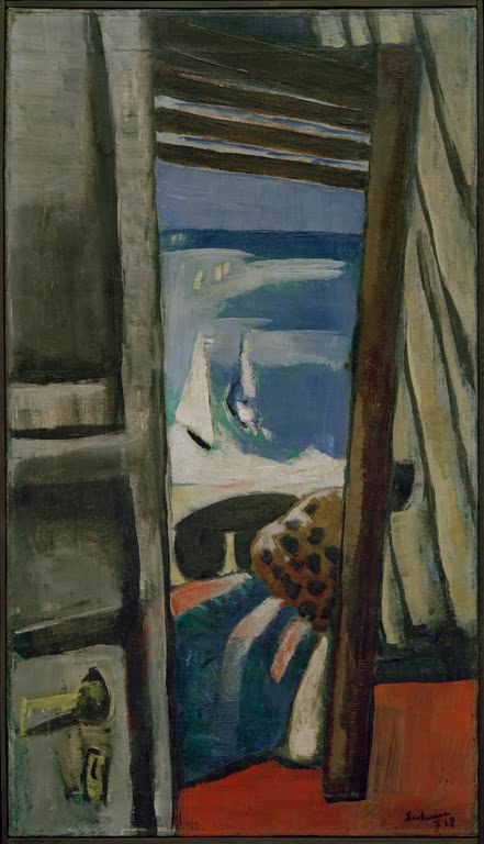 Blick auf das Meer, rot, grau, blau
