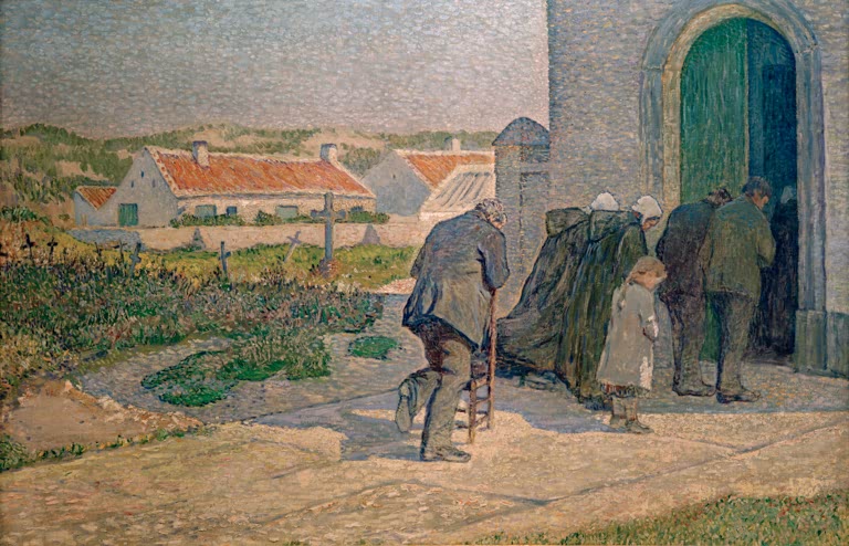 Fischerleute an einer Kirche – während der Elevation
