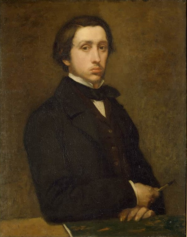 Junger Mann im dunklen Mantel mit Schleife hält einen Stift vor braunem Grund – Edgar Degas Selbstbildnis Kunstkopie