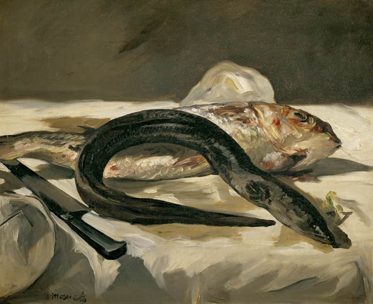 Édouard Manet Aal und Barbe Kunstkopie, dunkler Aal und Fisch mit Messer auf hellem Tuch vor braunem Grund