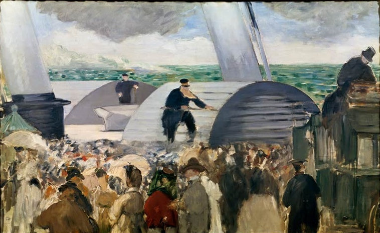 Édouard Manet Abfahrt des Dampfers nach Folkestone Kunstkopie, Menschenmenge vor den Radkästen eines Dampfers am grünen Meer