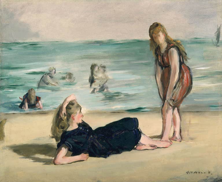Édouard Manet Am Strand, Detroit Kunstkopie, junge Frauen in Badekleidung auf hellem Sand vor türkisfarbenem Meer