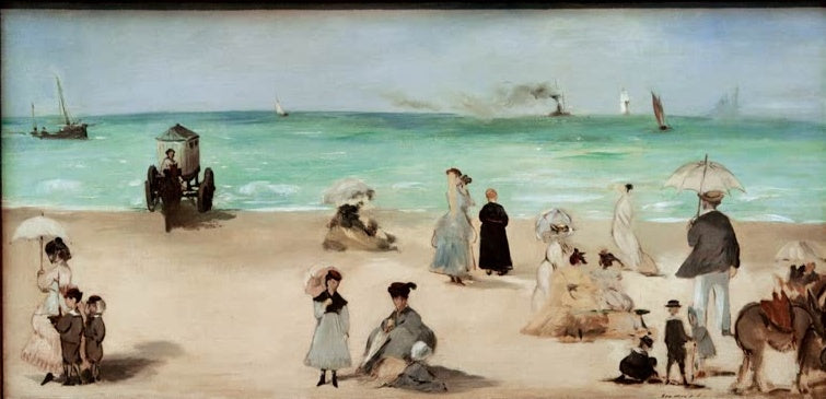 Édouard Manet Am Strand von Boulogne-sur-Mer Kunstkopie, Badegäste mit Sonnenschirmen auf hellem Sand vor türkisgrünem Meer