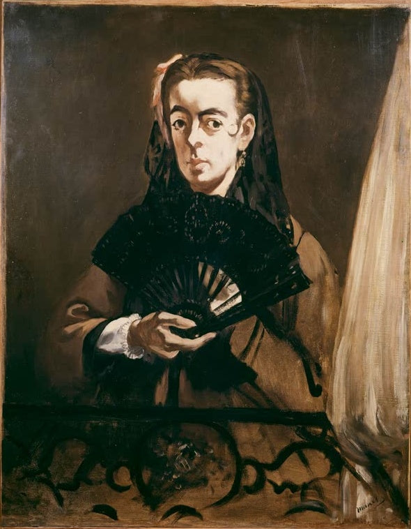 Édouard Manet Angélina Kunstkopie, junge Frau mit Spitzenmantilla und schwarzem Fächer vor dunklem Grund