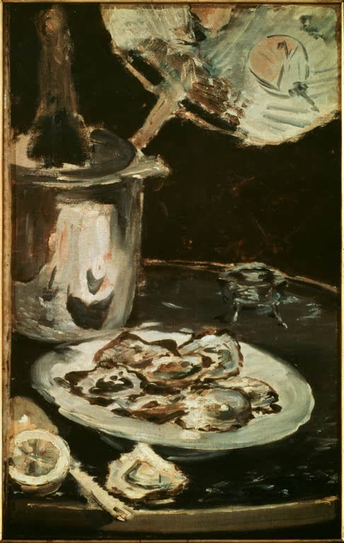 Édouard Manet Austern und Sektkühler Kunstkopie, Stillleben mit Austernteller, Sektflasche, Fächer und Zitrone