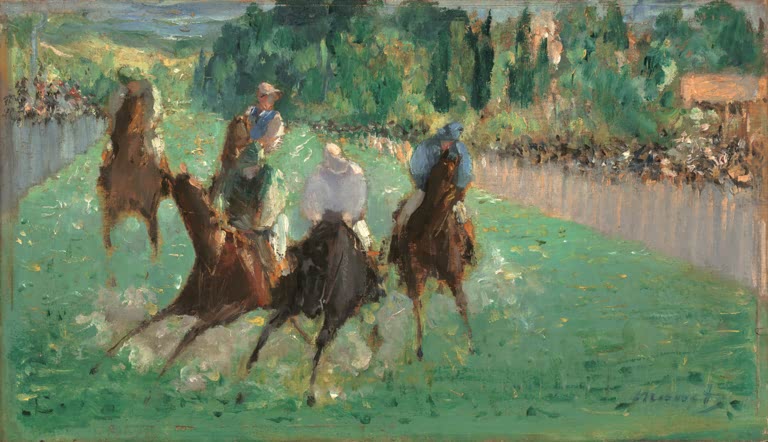 Édouard Manet Bei den Rennen Kunstkopie, Reiter galoppieren auf grüner Rennbahn vor Zuschauern und Bäumen
