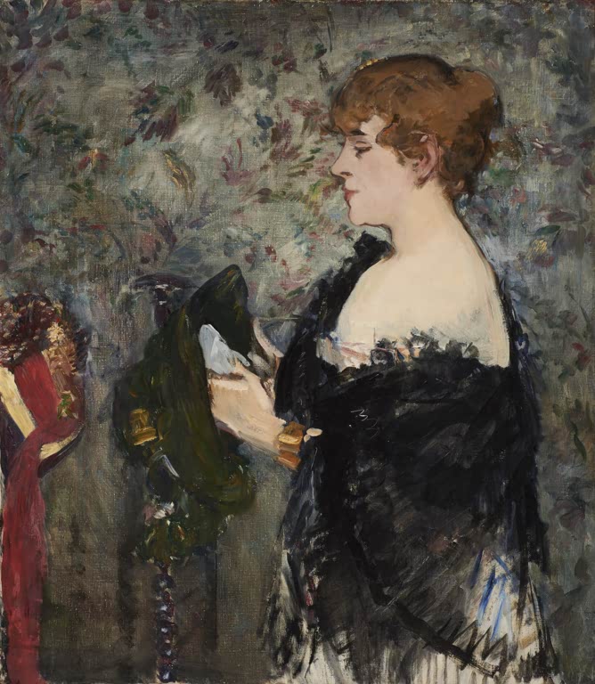 Édouard Manet Bei der Modistin Kunstkopie, Frau im Profil mit schwarzem Umhang hält einen dunkelgrünen Hut