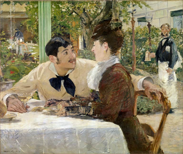 Édouard Manet Beim Père Lathuille Kunstkopie, junges Paar im Gartenlokal, im Hintergrund ein Kellner mit Kanne