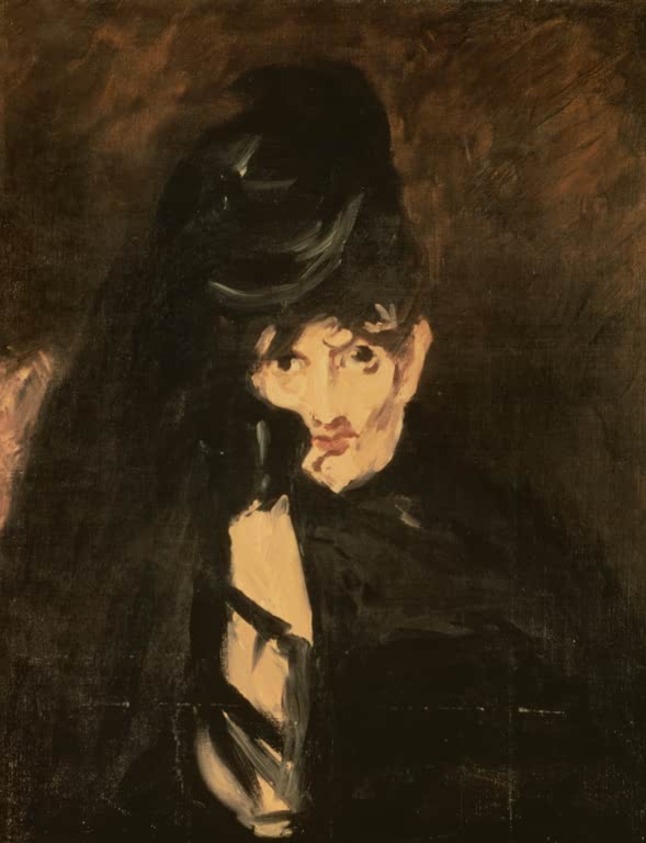 Édouard Manet Berthe Morisot in Trauerkleidung Kunstkopie, Frau mit schwarzem Trauerhut und langem Schleier vor dunklem Grund