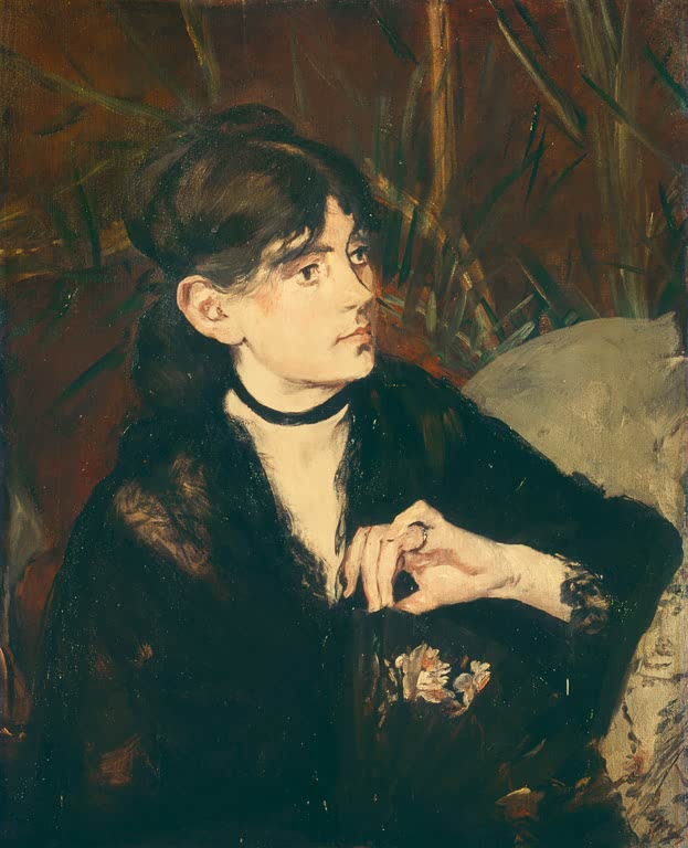 Édouard Manet Berthe Morisot mit Fächer, 1874 Kunstkopie, junge Frau in schwarzem Kleid vor rotbraunem Grund