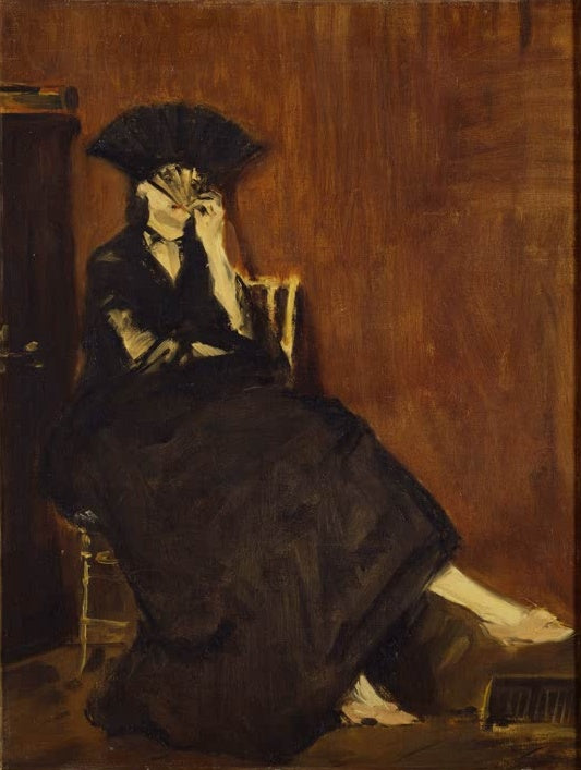 Édouard Manet Berthe Morisot mit Fächer Kunstkopie, Malerin in schwarzem Kleid hält geöffneten Fächer vor das Gesicht