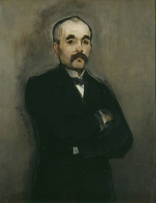 Édouard Manet Bildnis Clemenceau Kunstkopie, Politiker mit verschränkten Armen in dunklem Anzug vor grauem Grund