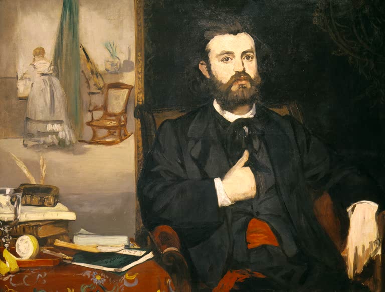 Édouard Manet Bildnis des Dichters Zacharie Astruc Kunstkopie, bärtiger Mann im Sessel neben Büchern und Schreibfedern