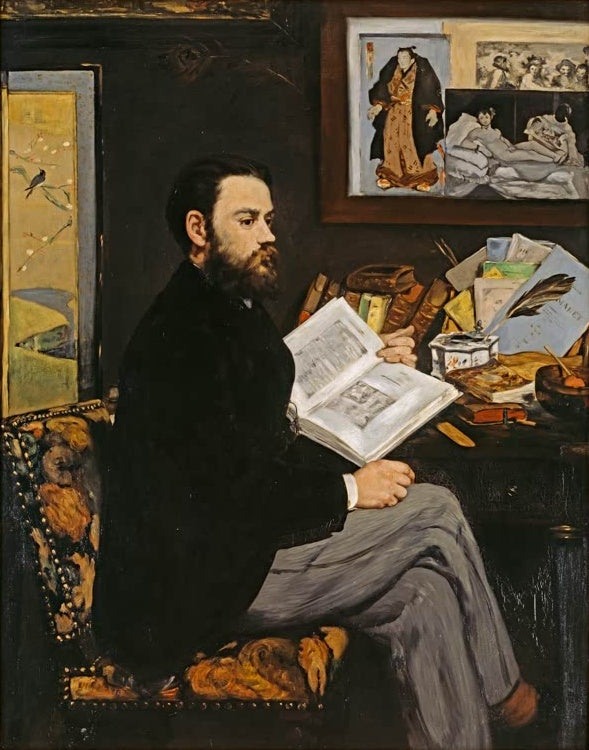 Édouard Manet Bildnis Émile Zola Kunstkopie, Schriftsteller mit Buch am Schreibtisch vor japanischem Wandschirm