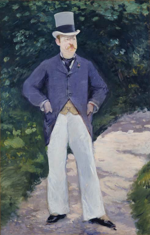 Édouard Manet Bildnis Monsieur Brun Kunstkopie, Mann mit Zylinder und heller Hose auf einem sonnigen Gartenweg