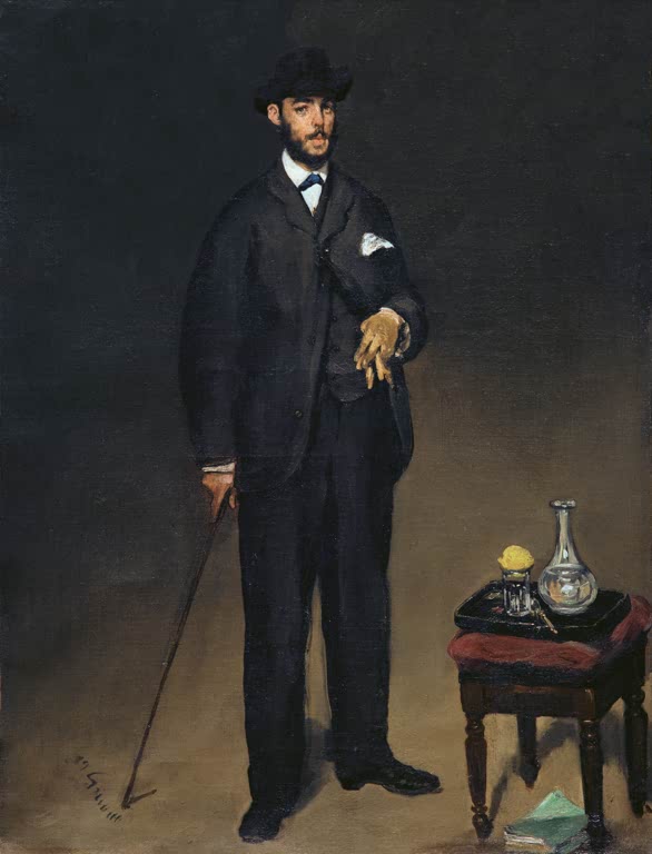 Édouard Manet Bildnis Théodore Duret Kunstkopie, stehender Herr in dunklem Anzug mit Stock und gelben Handschuhen