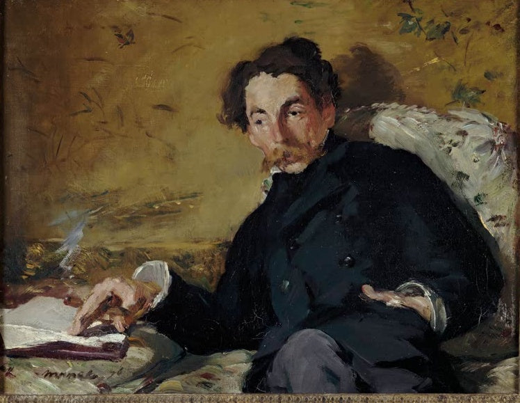 Édouard Manet Bildnis von Stéphane Mallarmé Kunstkopie, Dichter mit Zigarre lässig auf Sofa vor ockerfarbener Wand