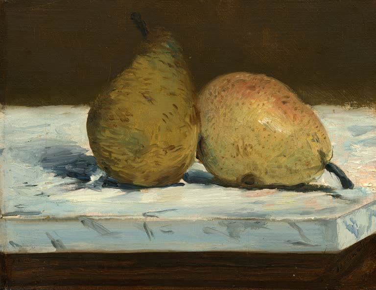 Édouard Manet Birnen Kunstkopie, zwei reife Birnen auf einer bläulich weißen Marmorplatte vor dunklem Hintergrund