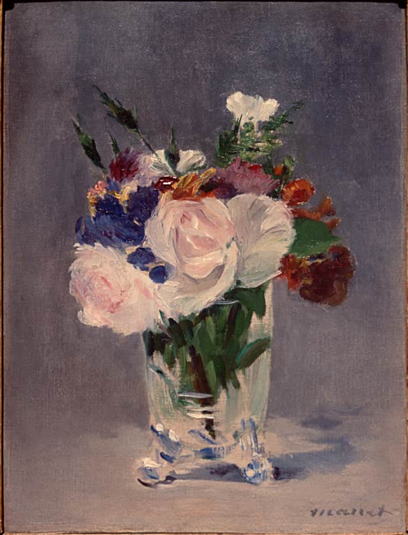 Édouard Manet Blumen in einer Kristallvase, Washington Kunstkopie, weiße und rosa Rosen vor grauem Grund