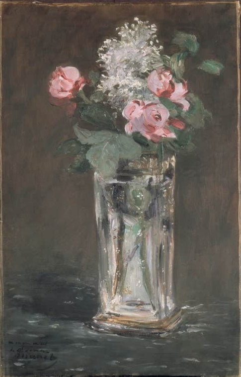 Édouard Manet Blumen in einer Kristallvase Kunstkopie, rosa Rosen und weißer Flieder in gläserner Vase vor dunklem Grund