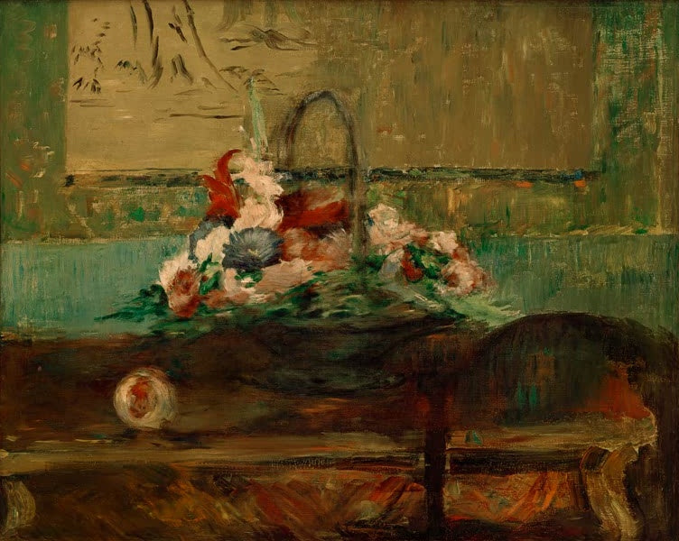Édouard Manet Blumenkorb Kunstkopie, Korb mit roten und weißen Blüten auf einem Tisch vor grüner Wand