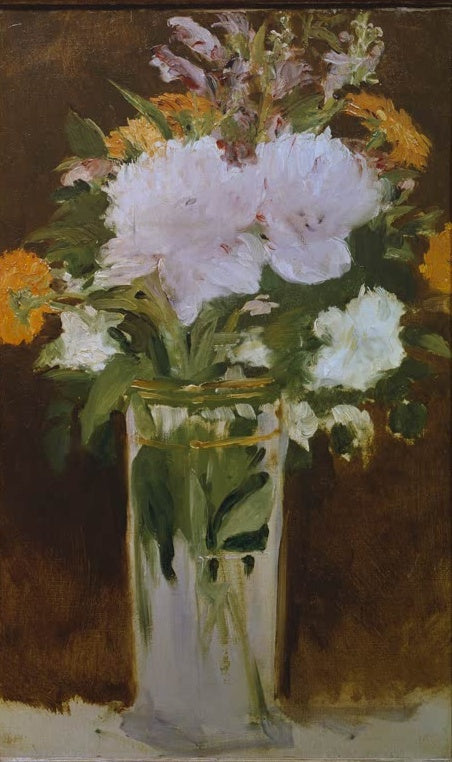 Édouard Manet Blumenstrauß in Kristallvase Kunstkopie, weiße Pfingstrosen und orange Blüten in einer Glasvase