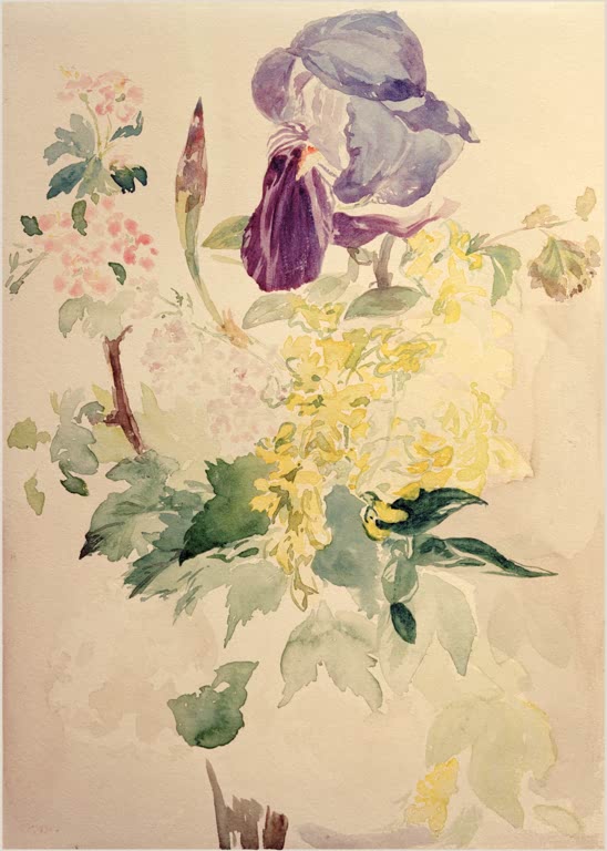 Édouard Manet Blumenstück mit Schwertlilie Kunstkopie, violette Iris, gelber Goldregen und rosa Blüten in Aquarell