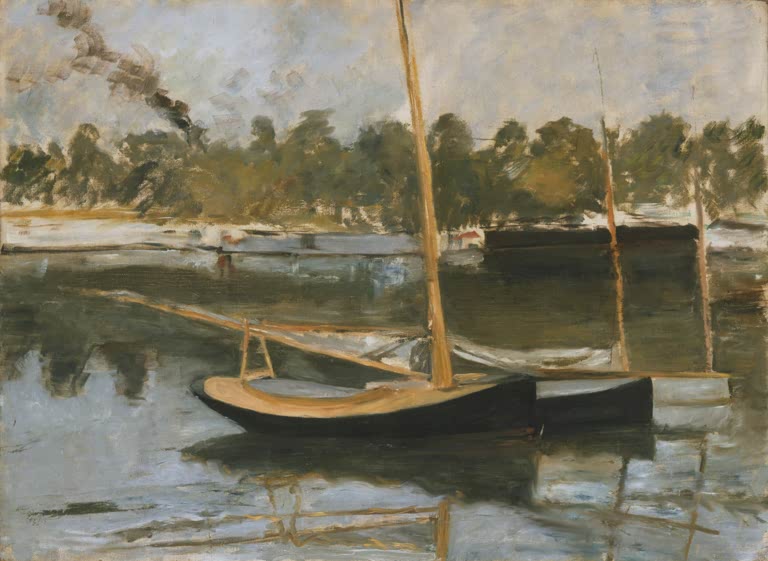Édouard Manet Boot bei Argenteuil Kunstkopie, Segelboot mit hohem Mast am Ufer der Seine unter grauem Himmel