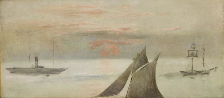 Édouard Manet Boote auf See bei Sonnenuntergang Kunstkopie, Segelboote im Dunst unter zartrosa Abendwolken