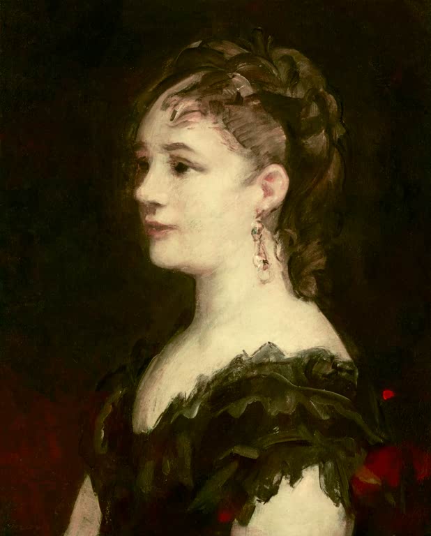 Édouard Manet Brustbild einer dekolletierten Frau Kunstkopie, Profilbildnis mit Ohrgehänge vor dunklem Grund