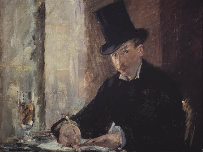 Édouard Manet Chez Tortoni Kunstkopie, Mann mit Zylinder schreibt an einem Café-Tisch neben einem Glas