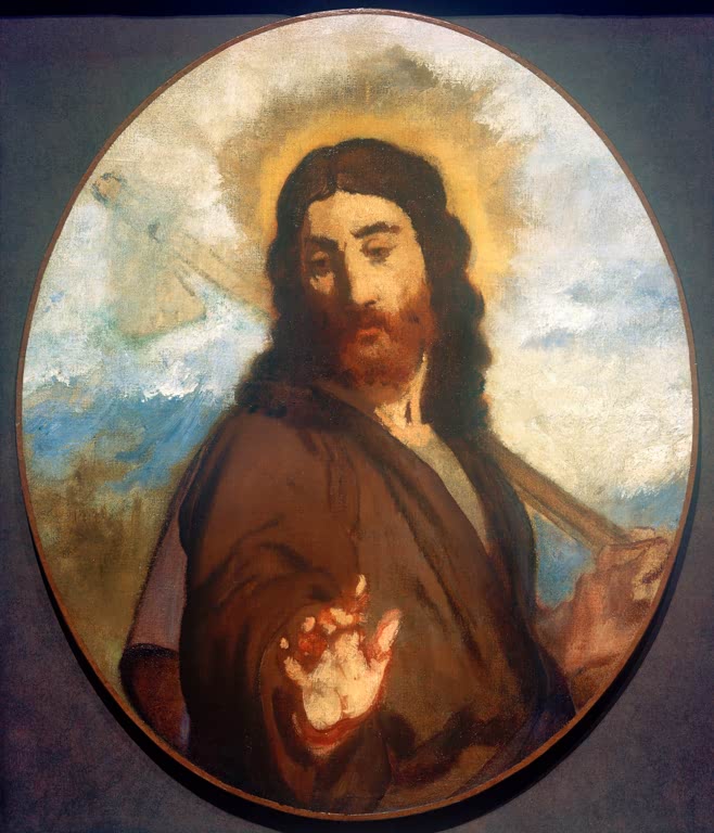 Édouard Manet Christus als Gärtner Kunstkopie, bärtiger Christus mit Heiligenschein und geöffneter Hand vor blauem Himmel