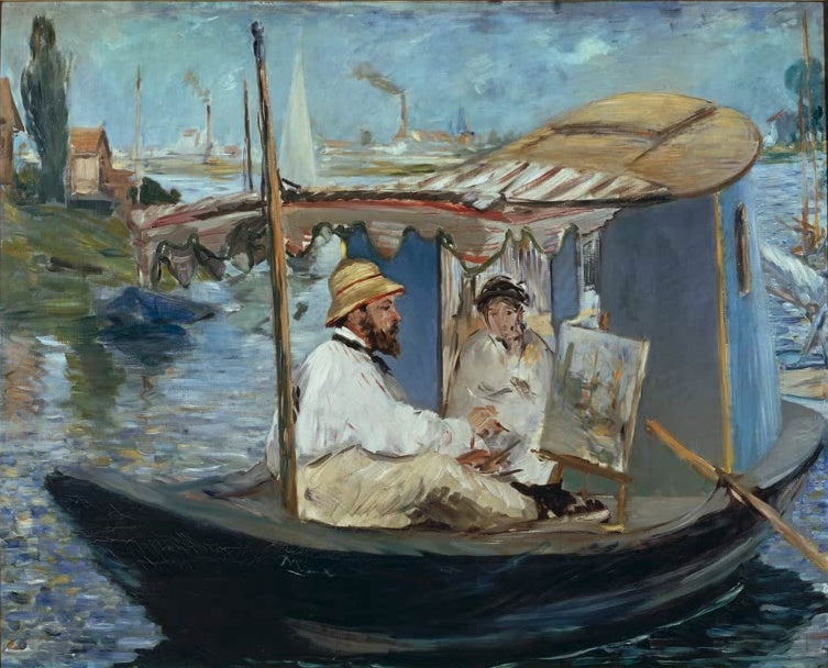 Édouard Manet Claude Monet malt in seinem Bootsatelier Kunstkopie, Maler mit Strohhut an der Staffelei auf einer Barke