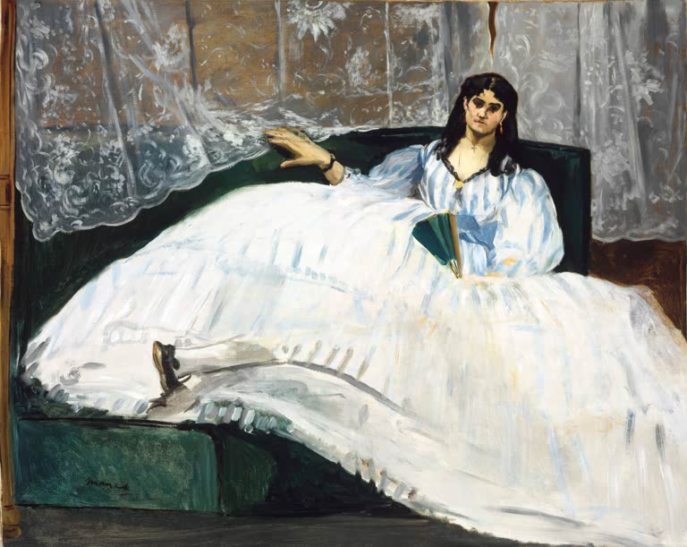Édouard Manet Dame mit Fächer (Jeanne Duval) Kunstkopie, Frau im weißen Reifrock auf grünem Sofa vor einem Spitzenvorhang