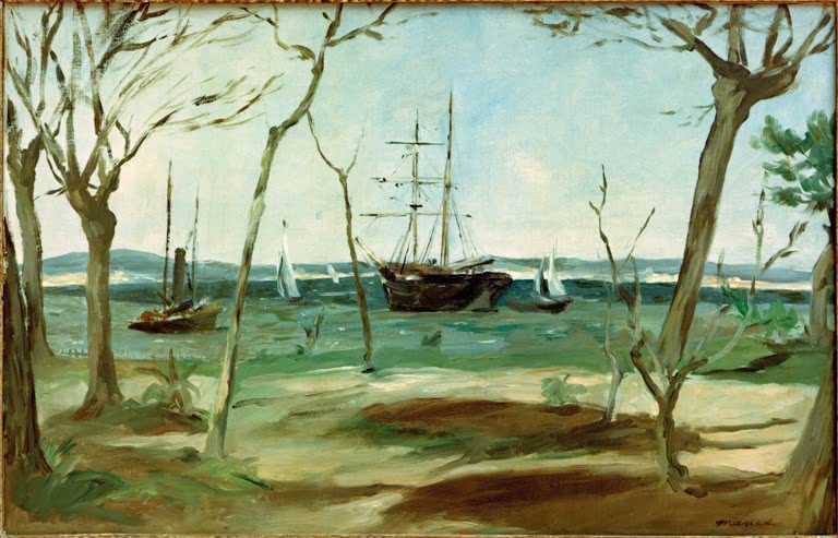 Édouard Manet Das Becken von Arcachon Kunstkopie, Segelschiffe und Dampfer hinter Bäumen am Ufer unter hellem Himmel