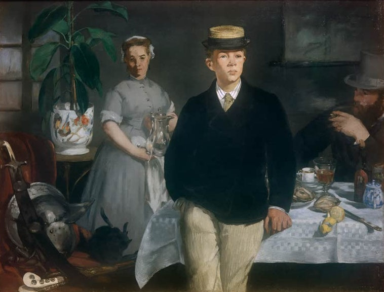 Édouard Manet Das Frühstück im Atelier Kunstkopie, Jüngling mit Strohhut, Dienerin mit Kanne und gedeckter Tisch im Atelier