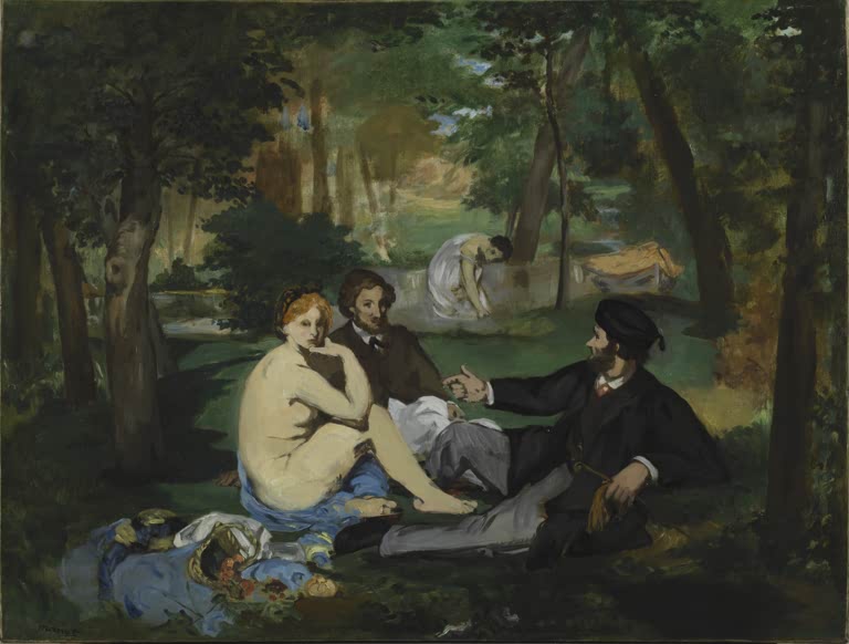 Édouard Manet Das Frühstück im Freien, Ölskizze London 1862 Kunstkopie, Picknick im dunklen Wald mit Akt und zwei Männern
