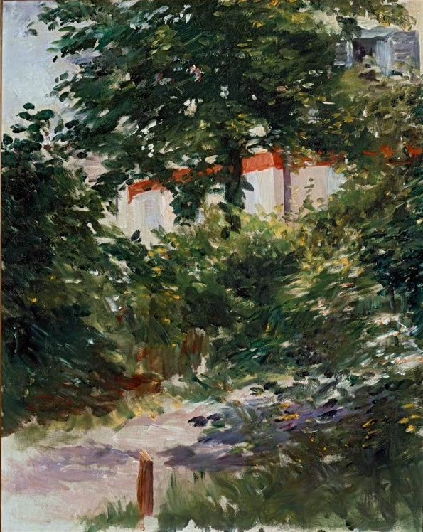 Édouard Manet Das Haus im Laubwerk Kunstkopie, weißes Haus mit roten Dachziegeln hinter dichtem Laub an einem Gartenweg