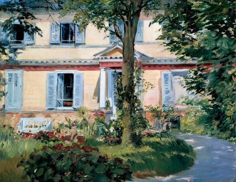 Édouard Manet Das Haus in Rueil Kunstkopie, gelbes Landhaus mit blauen Fensterläden hinter Baum und Gartenweg