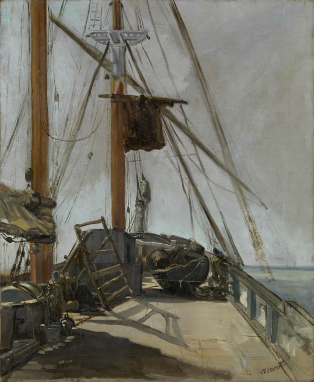 Édouard Manet Das Schiffsdeck Kunstkopie, Masten und Takelage über einem sonnenbeschienenen Deck vor grauem Himmel