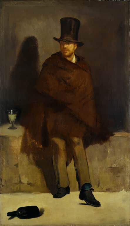 Édouard Manet Der Absinthtrinker Kunstkopie, Mann in braunem Umhang und Zylinder an einer Mauer, daneben Glas und Flasche