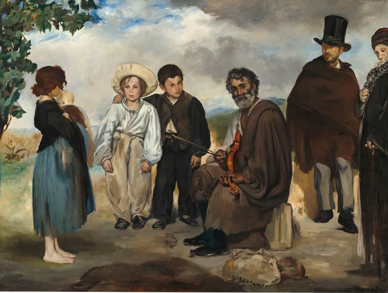 Édouard Manet Der alte Musiker Kunstkopie, bärtiger Geiger im braunen Umhang mit Kindern und Passanten unter Wolkenhimmel