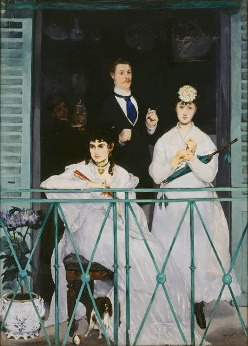 Édouard Manet Der Balkon Kunstkopie, zwei Frauen in Weiß und ein Mann im dunklen Anzug hinter einem grünen Balkongeländer
