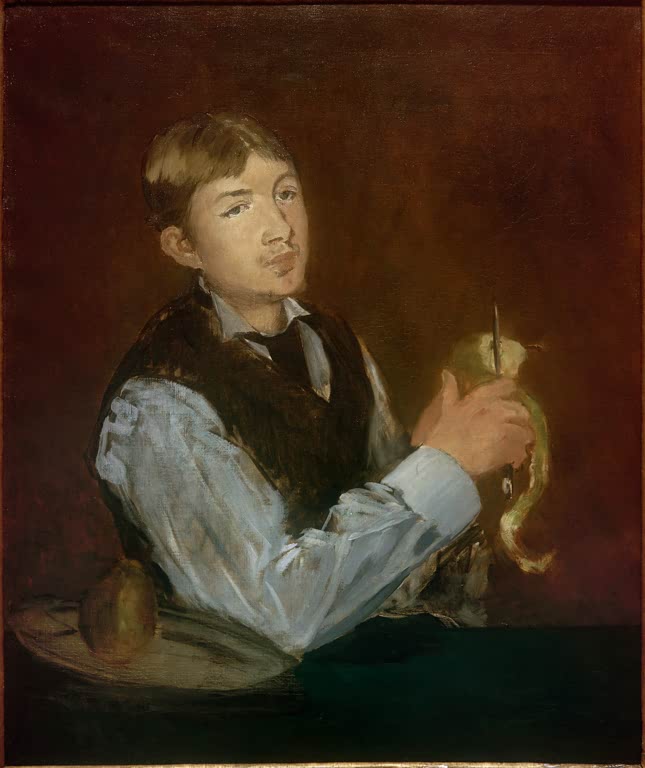 Édouard Manet Der Birnenschäler Kunstkopie, junger Mann im hellblauen Hemd schält eine Birne vor rotbraunem Hintergrund