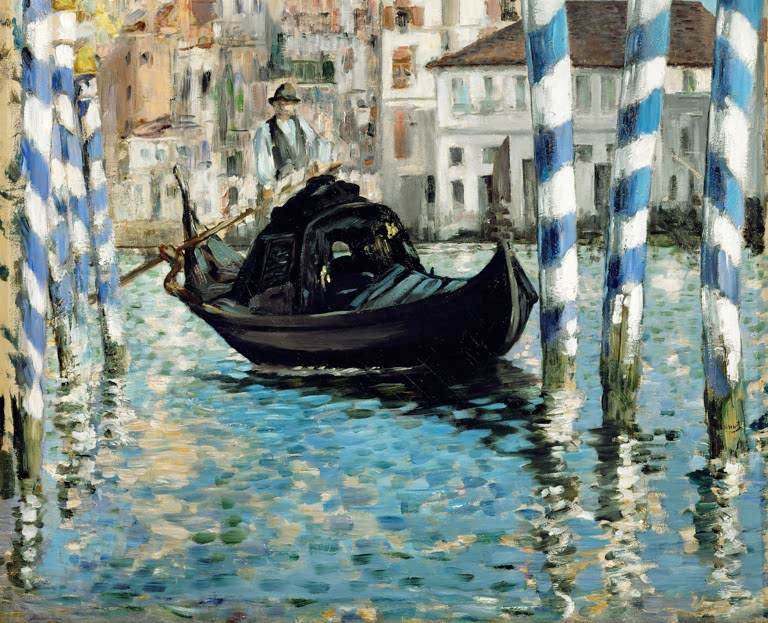 Édouard Manet Der Canal Grande, Blaues Venedig Kunstkopie, Gondel mit Gondoliere zwischen blau-weiß gestreiften Pfählen