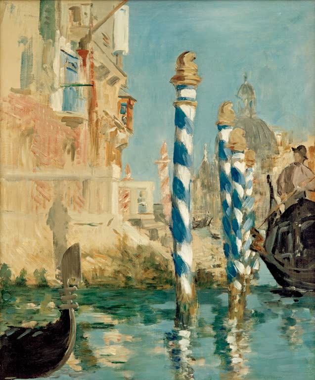 Édouard Manet Der Canal Grande in Venedig mit Anlegepfählen Kunstkopie, Gondeln und blau-weiße Pfähle vor Palazzo und Kuppel