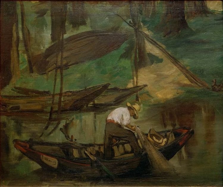 Édouard Manet Der Fischer Kunstkopie, Mann mit Strohhut zieht ein Netz in einem Boot zwischen grünem Ufer und Kähnen